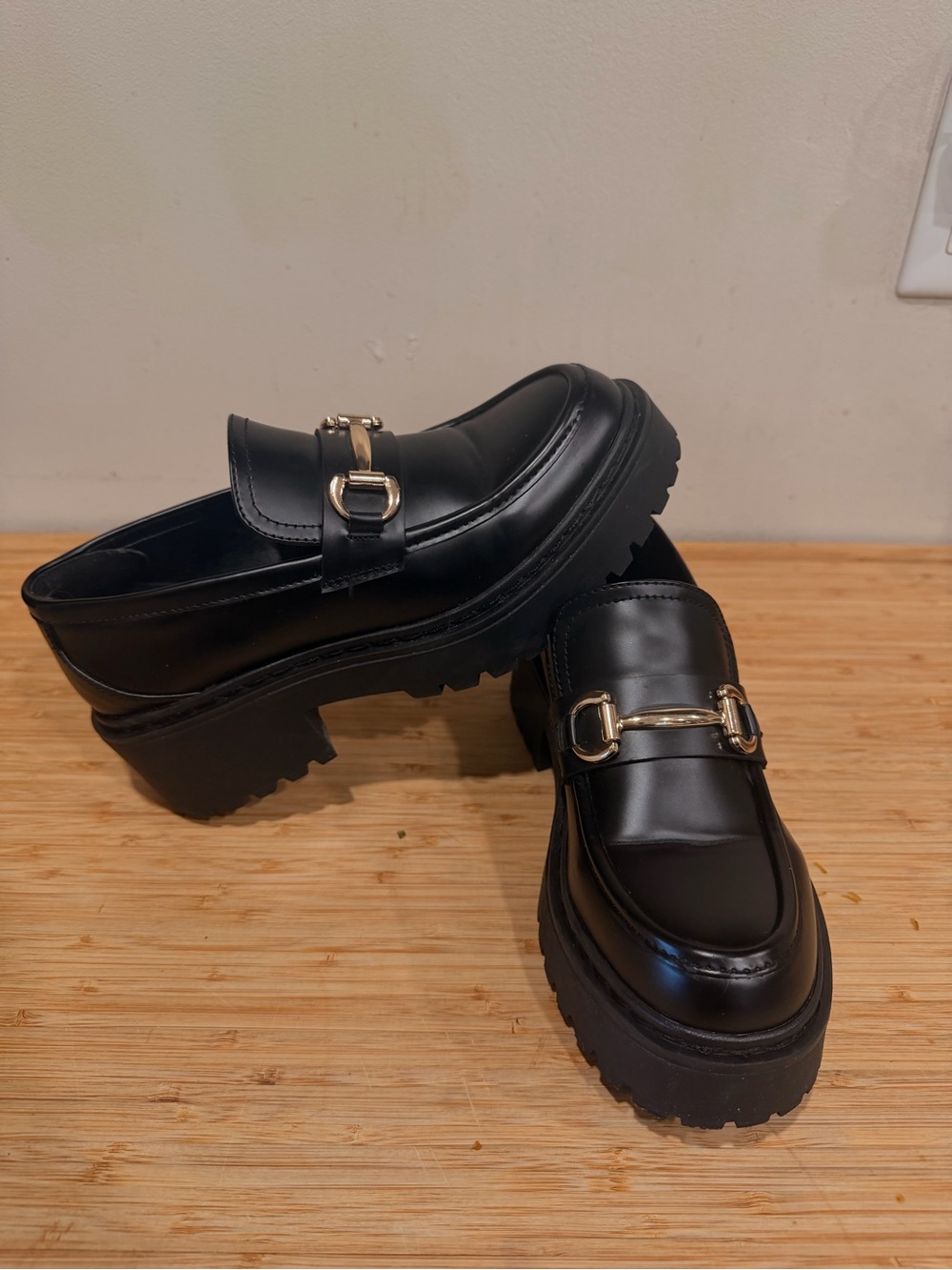 Steve Madden Black Loafers with Gold Bit Accent